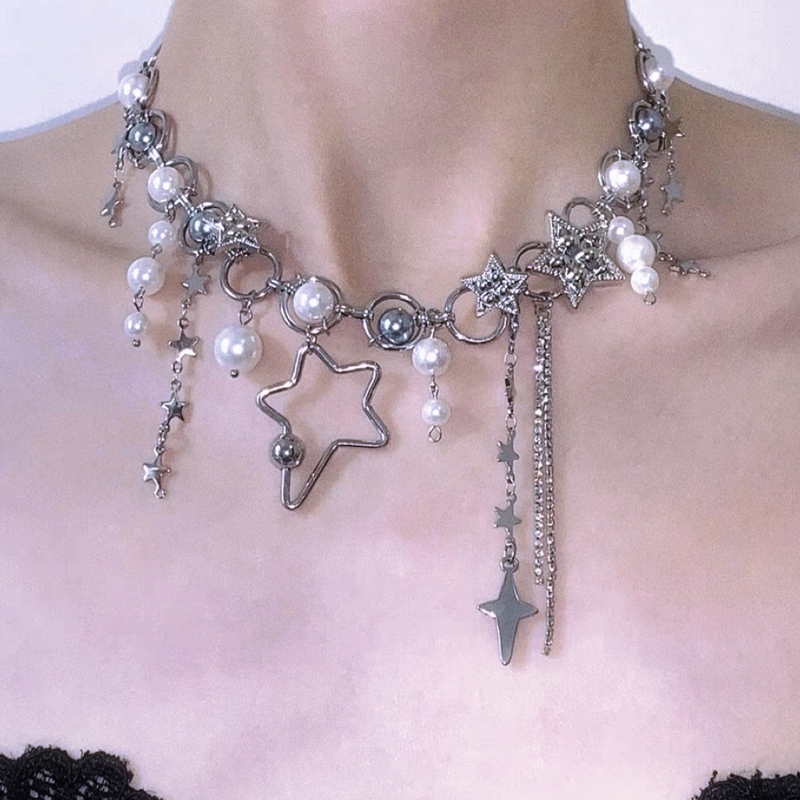 Pearl Choker Necklace Vintage - سلاسل اللؤلؤ الربط نجمة للنساء ،